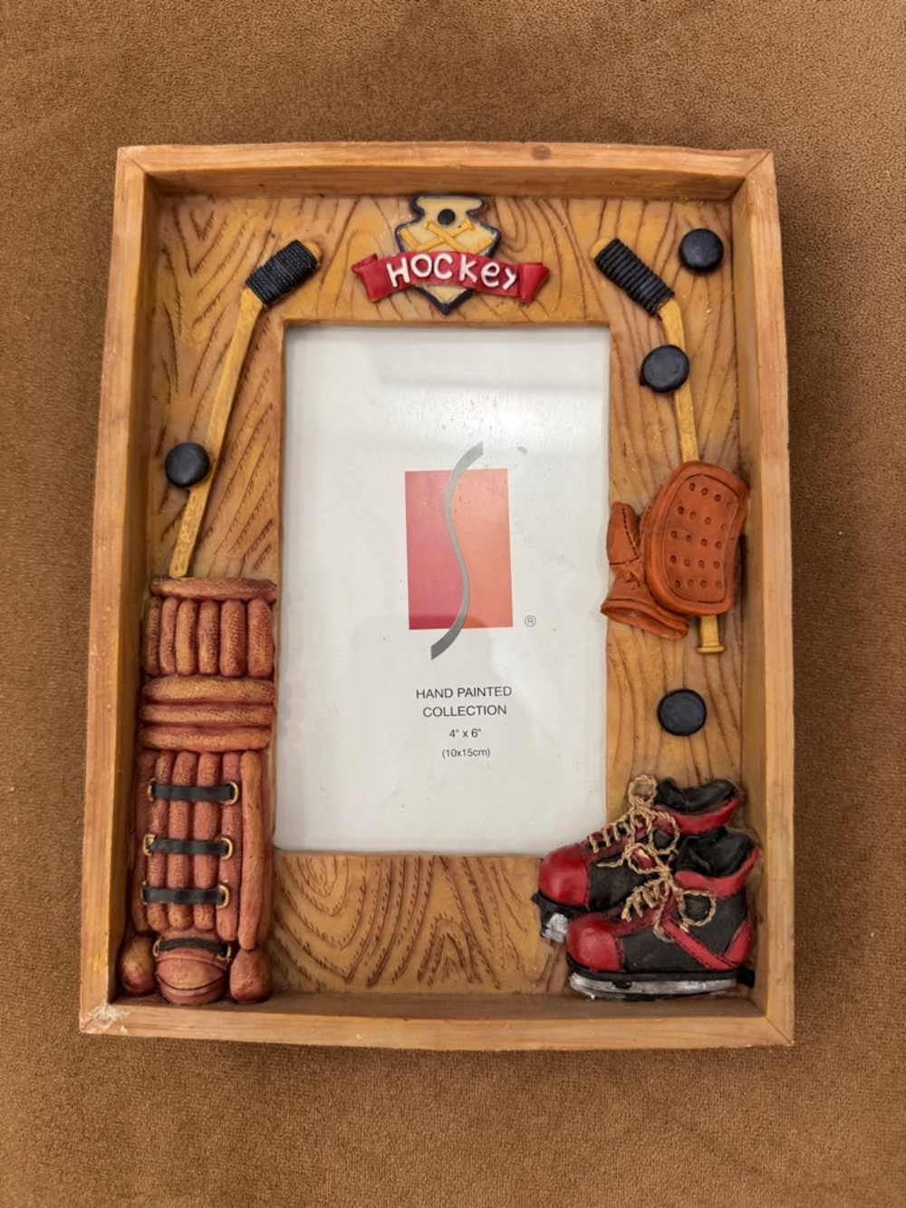 Hand-Painted Hockey Photo Frame – Red & Brown